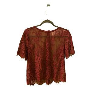 Sheet Burgundy Lace Short Sleeve Shirt Button Back
